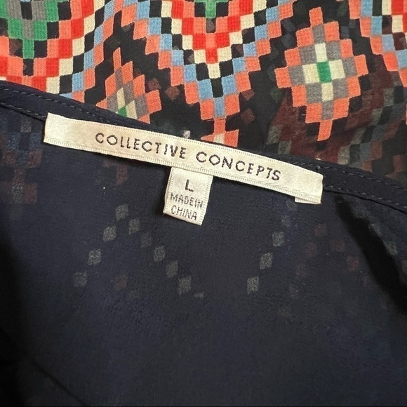 Collective Concepts Sheer Boho Blouse Navy Multi Chevron Print 3/4 Sleeve Top - Picture 7 of 7